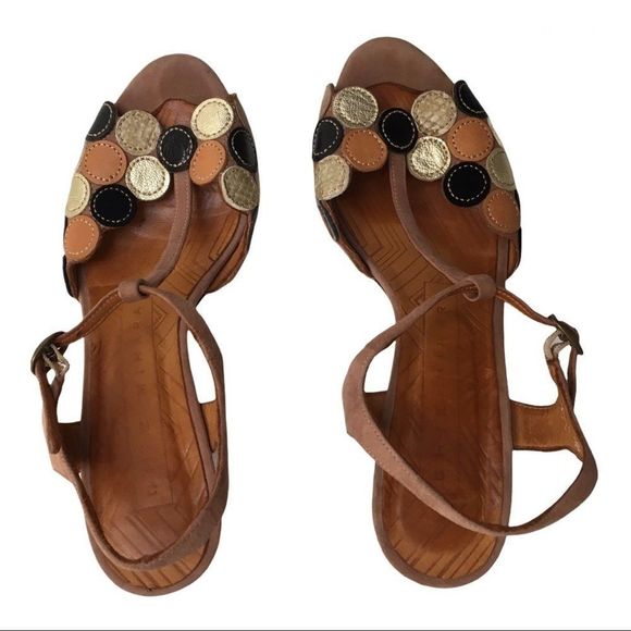 Anthropologie Chie Mihara Quory metallics circle medallion heel Sandals size 6.5 - Picture 11 of 16